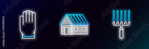 Set line Garden rake in work, gloves and Farm house icon. Glowing neon. Vector
