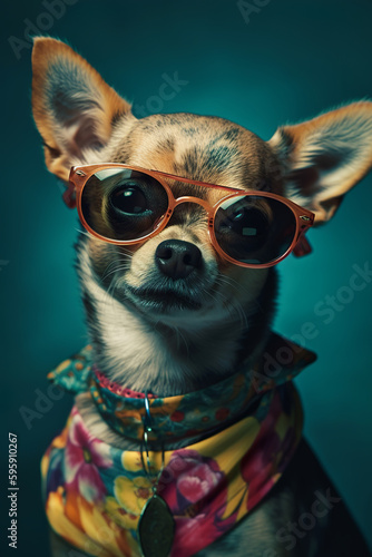 Chihuahua dog wearing glasses with cool accessories, Generative AI © AIExplosion