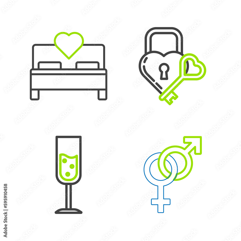 Set line Gender, Glass of champagne, Castle in the shape heart and key and Bedroom icon. Vector Set line Gender, Glass of champagne, Castle in the shape heart and key and Bedroom icon. Vector