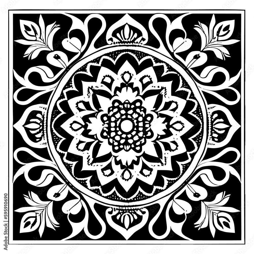 Floral Mandala Pattern Vector Black and White Design