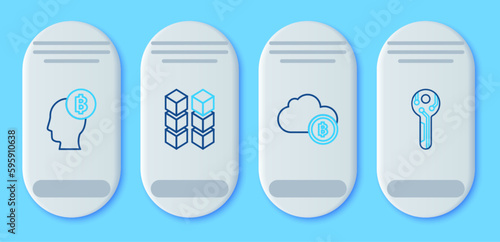 Set line Blockchain technology, Cryptocurrency cloud mining, Bitcoin think and key icon. Vector