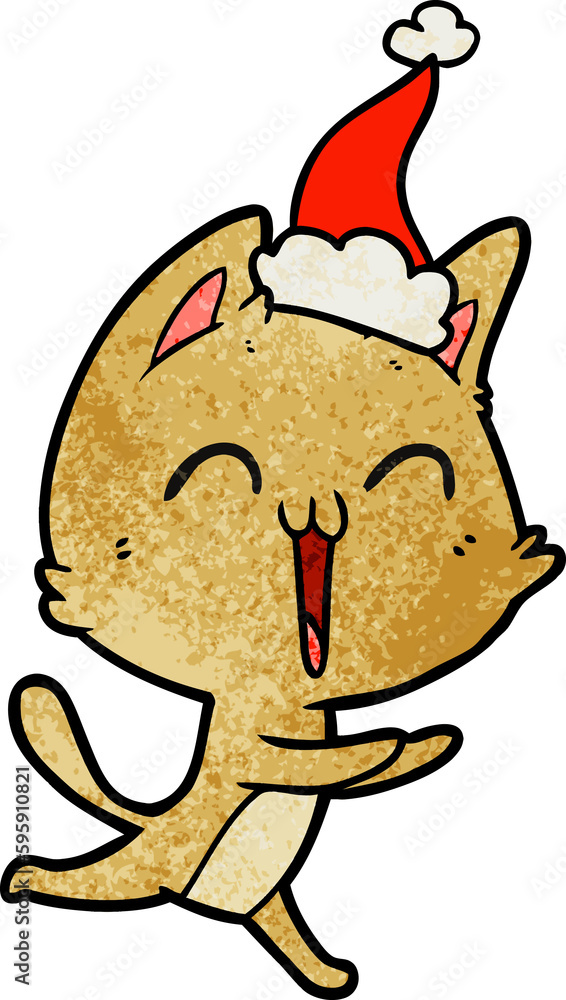 happy hand drawn textured cartoon of a cat meowing wearing santa hat happy hand drawn textured cartoon of a cat meowing wearing santa hat