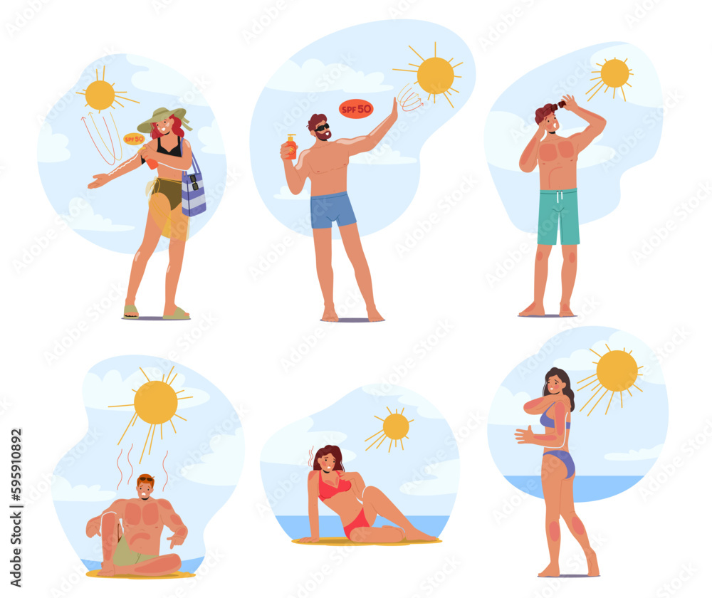 Male or Female Characters On Beach With Skin Sunburn, Experiencing Pain, Redness And Peeling Due To Exposure To Sun Rays