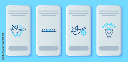 Set line Trap hunting, Hunt on duck with crosshairs, Flying shield and Deer head antlers icon. Vector