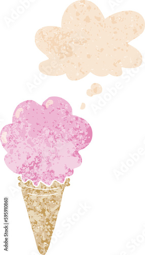 cartoon ice cream with thought bubble in grunge distressed retro textured style