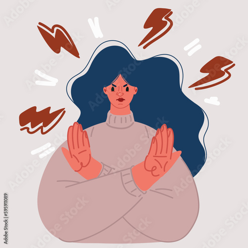 Vector illustration of Frowned woman with negative face expression saying no, showing denial, ignore or stop gesture. Person using non-verbal communication.