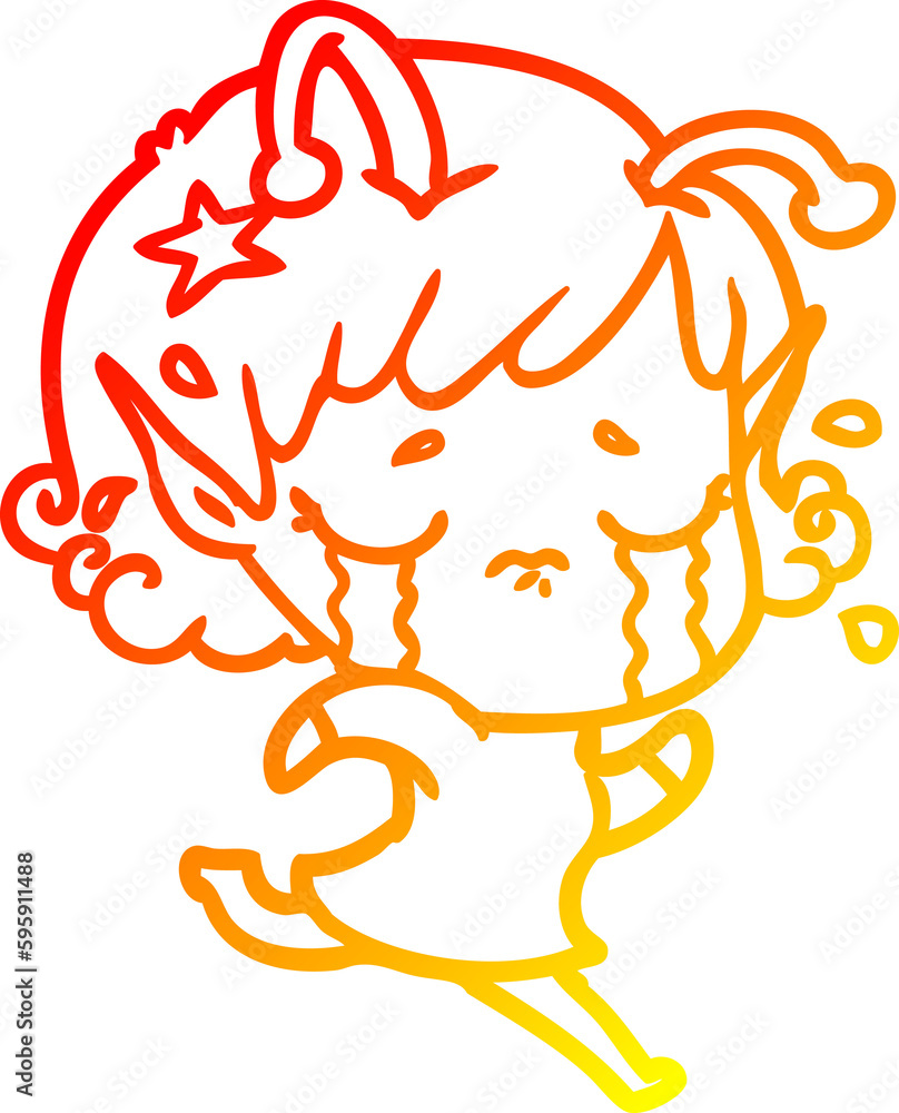 warm gradient line drawing of a cartoon crying alien girl warm gradient line drawing of a cartoon crying alien girl