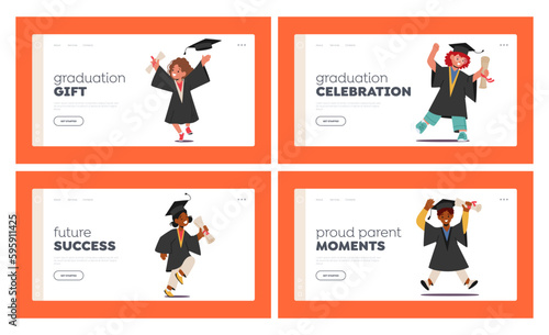 Graduate Kids Landing Page Template Set. Children Characters Celebrate Academic Success, With Big Smiles And Caps