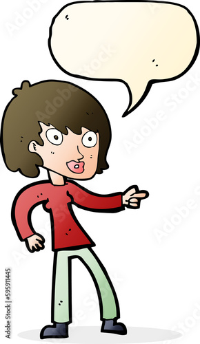 cartoon woman pointing with speech bubble