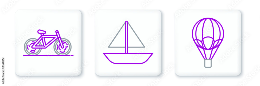 Set line Hot air balloon, Bicycle and Yacht sailboat or sailing ship icon. Vector Set line Hot air balloon, Bicycle and Yacht sailboat or sailing ship icon. Vector