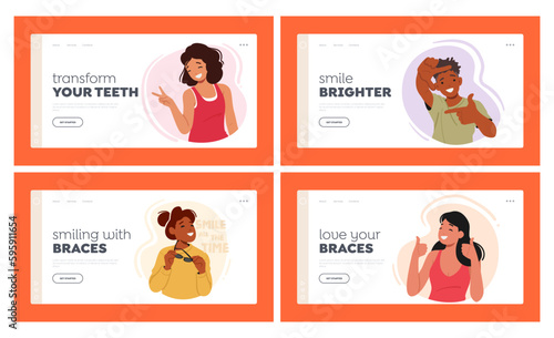 Happy Characters Correct Teeth Landing Page Template Set. Smiling Faces Of People With Braces, Proud Of Their Journey