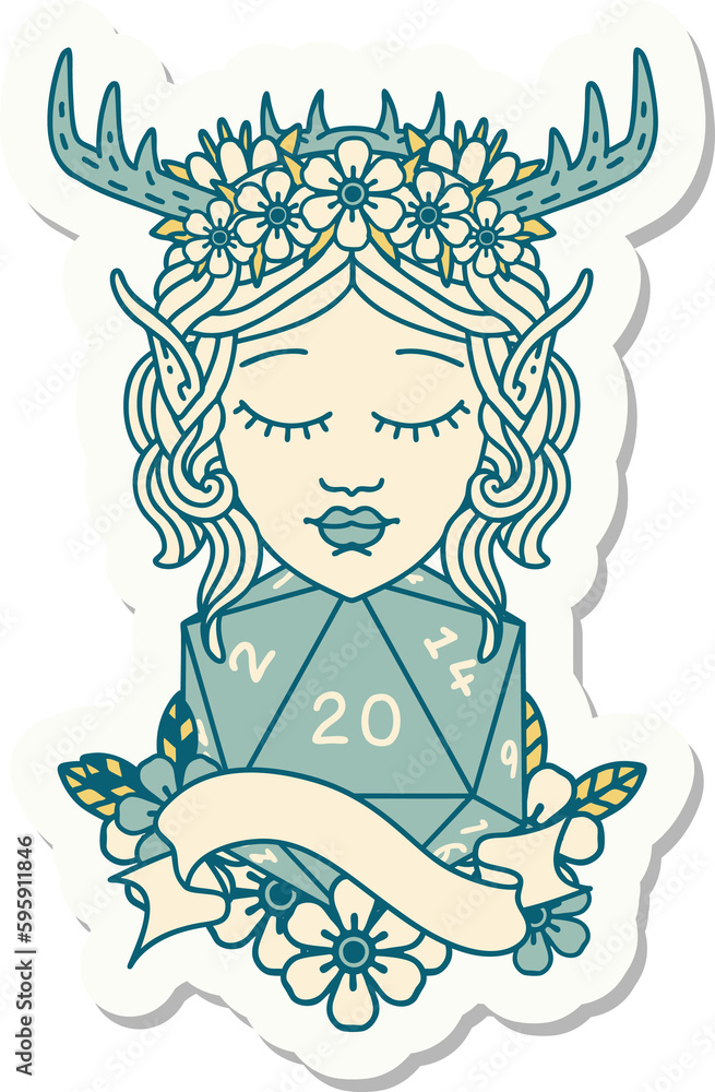 sticker of a elf druid with natural twenty dice roll sticker of a elf druid with natural twenty dice roll