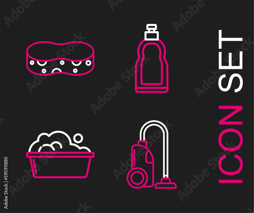 Set line Vacuum cleaner, Plastic basin with soap suds, bottles for liquid dishwashing liquid and Sponge icon. Vector