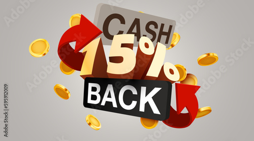 Cashback 15 percent icon isolated on the gray background. Cashback or money back label.