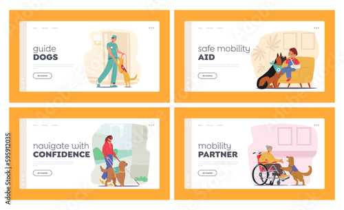 Guide Dogs Landing Page Template Set. Animals Offer Support And Independence To Characters With Visual Impairments