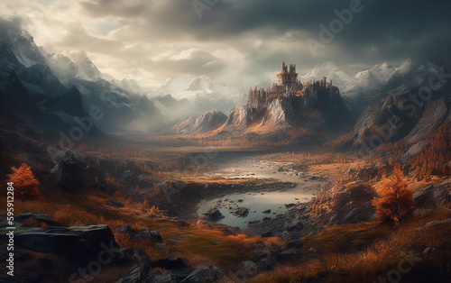 panoramic view of a mysterious mountain castle Generative AI © Ralf
