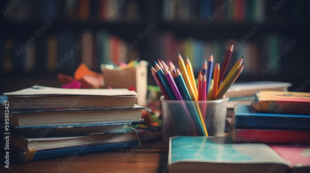 A stack of colored books and pencils on the table. The concept of children's school education. AI generated A stack of colored books and pencils on the table. The concept of children's school education. AI generated