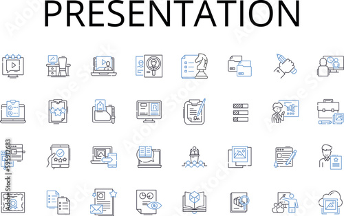 Presentation line icons collection. Performance, Demonstration, Show, Display, Lecture, Exhibit, Explanation vector and linear illustration. Pitch,Discourse,Report outline signs set