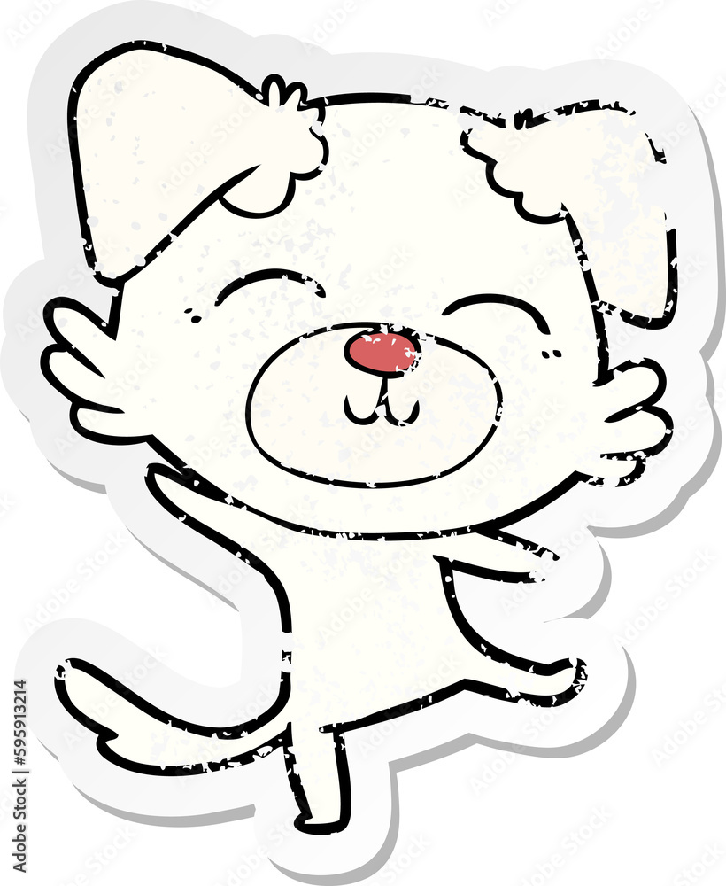 distressed sticker of a cartoon dog doing a happy dance
