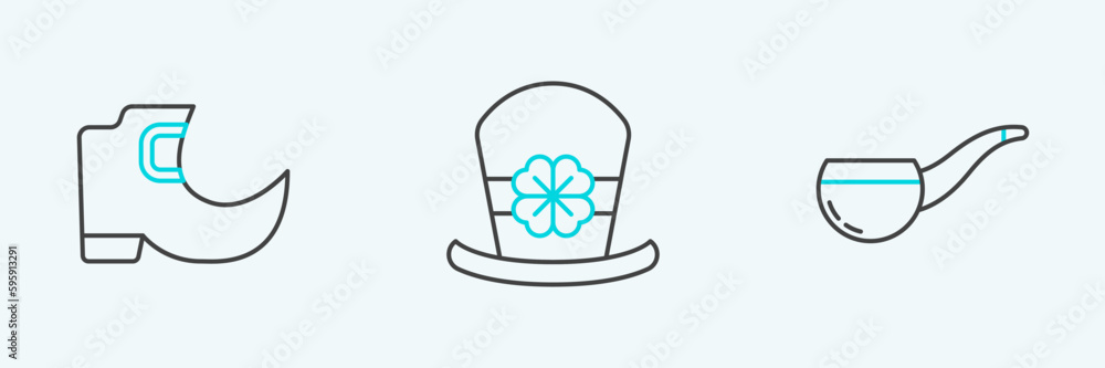 Set line Smoking pipe, Tradition leprechaun boots and Leprechaun hat and four leaf clover icon. Vector Set line Smoking pipe, Tradition leprechaun boots and Leprechaun hat and four leaf clover icon. Vector