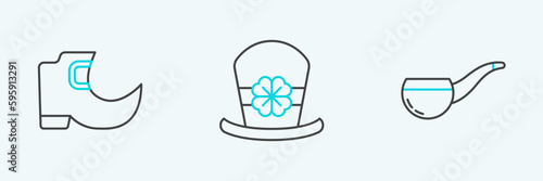 Set line Smoking pipe, Tradition leprechaun boots and Leprechaun hat and four leaf clover icon. Vector