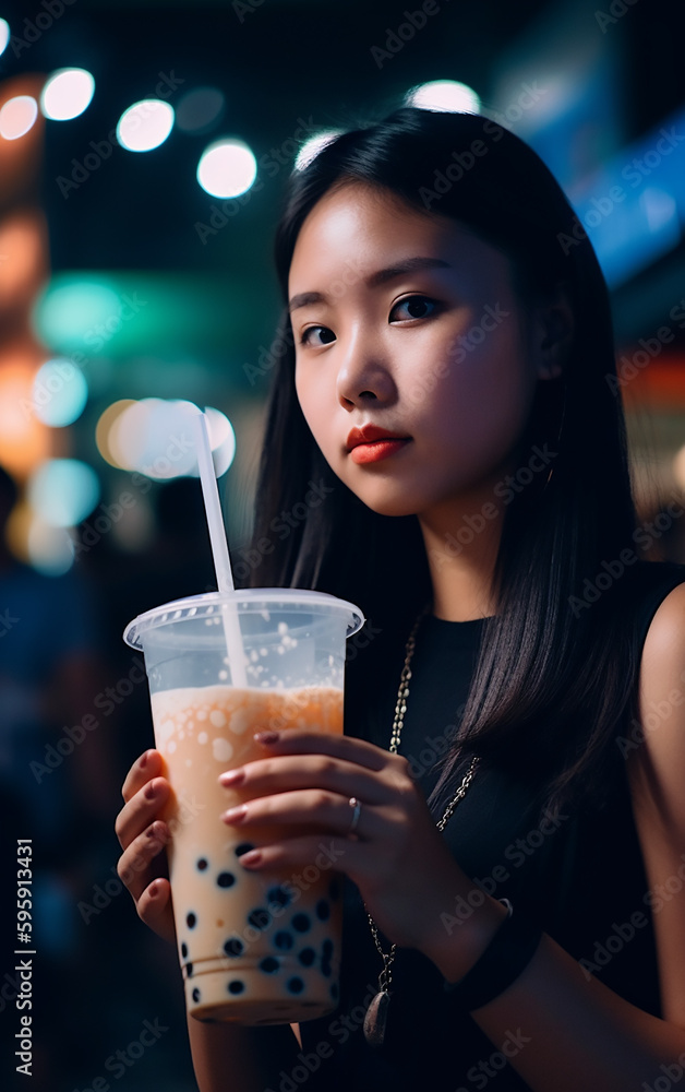 A young woman enjoys a refreshing bubble tea amidst the city nightlife, her gaze reflecting the casual urban moment. A young woman enjoys a refreshing bubble tea amidst the city nightlife, her gaze reflecting the casual urban moment.