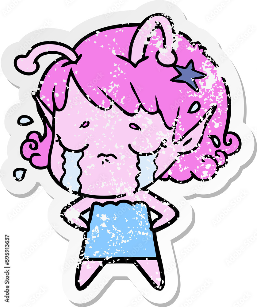 distressed sticker of a cartoon crying alien girl distressed sticker of a cartoon crying alien girl
