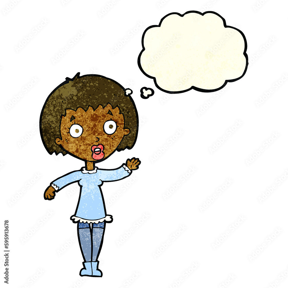 cartoon waving woman with thought bubble cartoon waving woman with thought bubble
