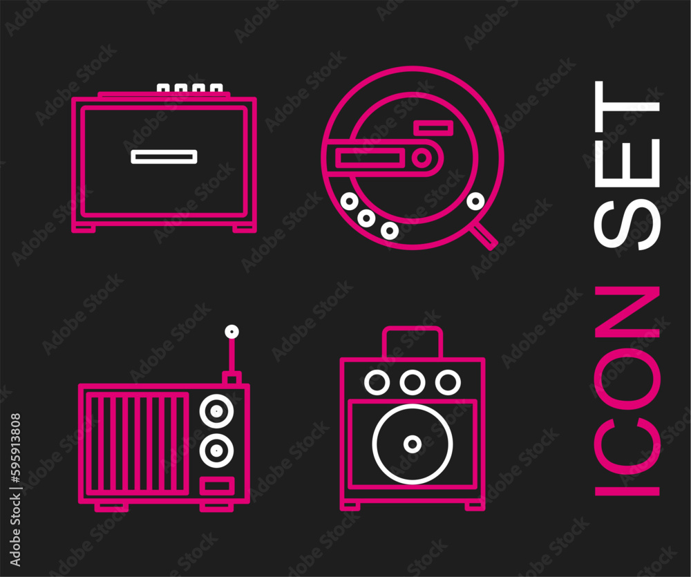 Set line Guitar amplifier, Radio with antenna, Music CD player and icon. Vector Set line Guitar amplifier, Radio with antenna, Music CD player and icon. Vector