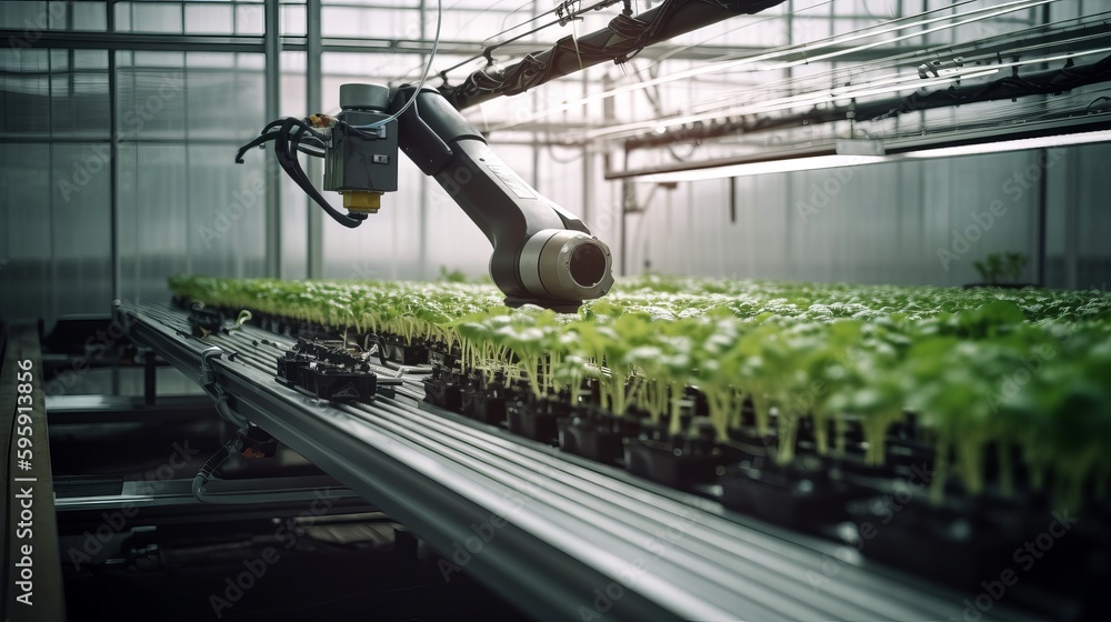 Smart robotic farmer observes and check growth plant. AI generated