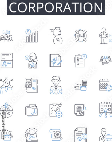 Corporation line icons collection. Business entity, Conglomerate, Company group, Commercial enterprise, Concern organization, Inc undertaking, Joint venture vector and linear illustration. Limited