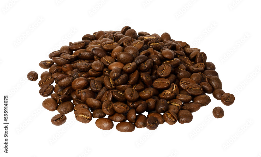 Obraz premium Many whole coffee beans isolated on transparent background. Fresh roasted grains heap. Invigorating drink ingredient. Cut out element for packaging design, advertising layout. Highest quality beverage