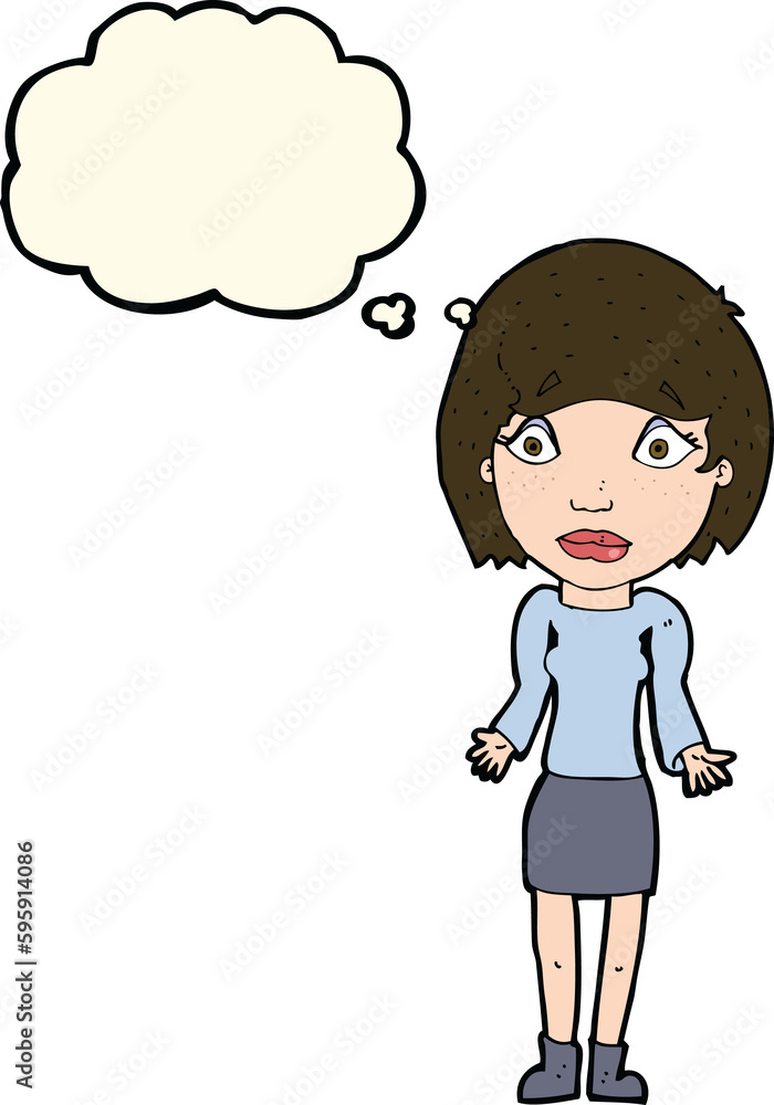 cartoon woman shrugging shoulders with thought bubble cartoon woman shrugging shoulders with thought bubble