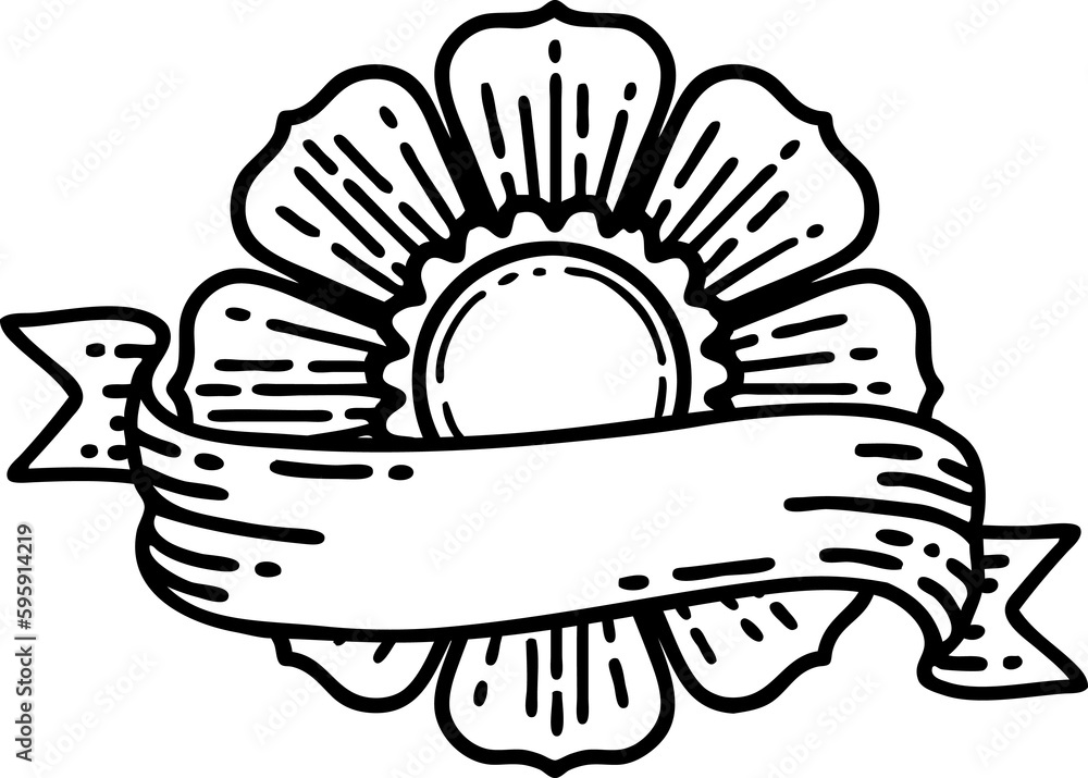 tattoo in black line style of a flower and banner