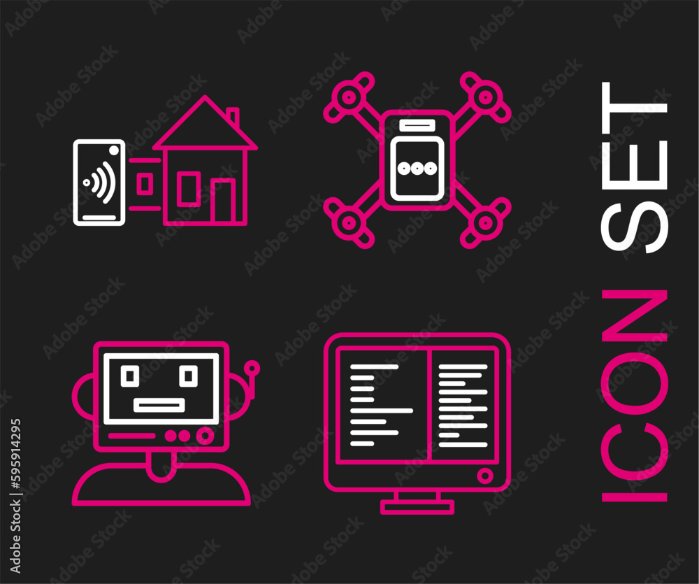 Set line Computer monitor screen, Robot, Drone flying with action camera and Smart home icon. Vector Set line Computer monitor screen, Robot, Drone flying with action camera and Smart home icon. Vector