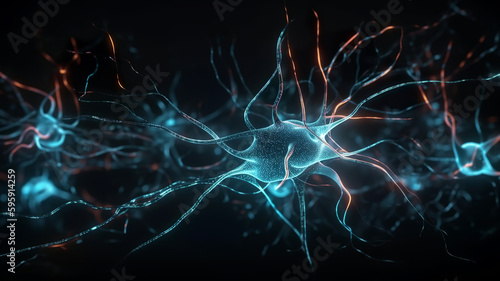 Neuron cells system - 3D rendered image of Neuron cell network, Generative AI