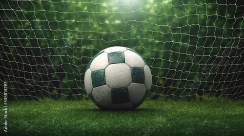 Soccer ball in goal with green background photo realistic. AI generated © ArtStage