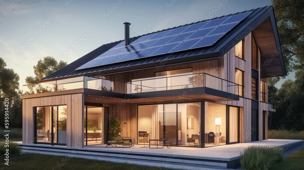 Solar panel modern house with panoramic windows. AI generated Solar panel modern house with panoramic windows. AI generated