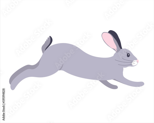 Vector graphics of a gray rabbit. The furry animal jumps, runs. Easter bunny on a white background.