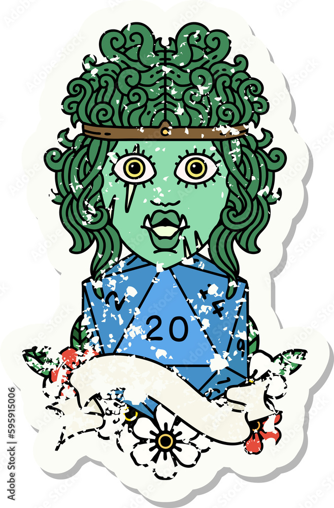 grunge sticker of a half orc barbarian character with natural twenty dice roll grunge sticker of a half orc barbarian character with natural twenty dice roll