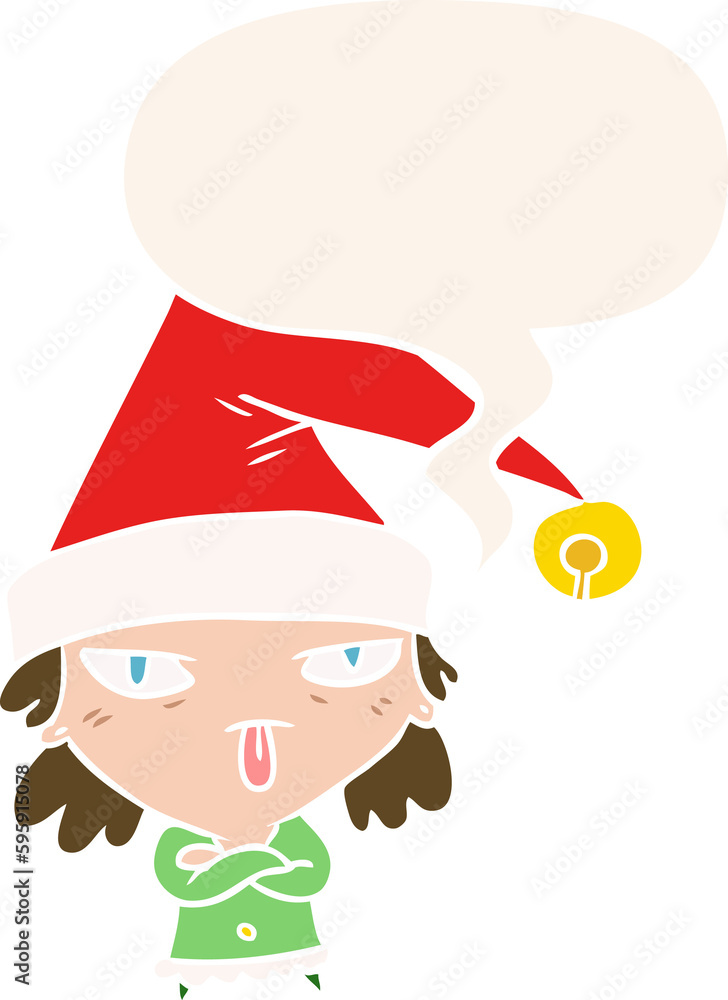 cartoon girl wearing christmas hat with speech bubble in retro style cartoon girl wearing christmas hat with speech bubble in retro style