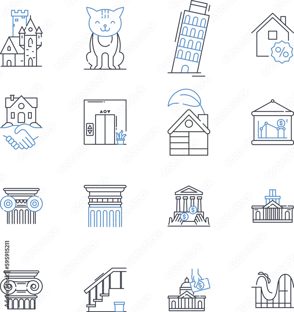 Vacation rentals line icons collection. Accommodations, Villas, Apartments, Cabins, Cottages, Chalets, Condos vector and linear illustration. Bungalows,Retreats,Homes outline signs set