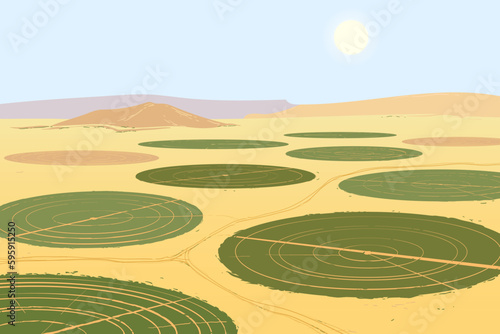 Landscape with surrounding agricultural fields in the desert. Technology of development of barren lands in arid regions. Circular irrigation system for growing food. Vector illustration.