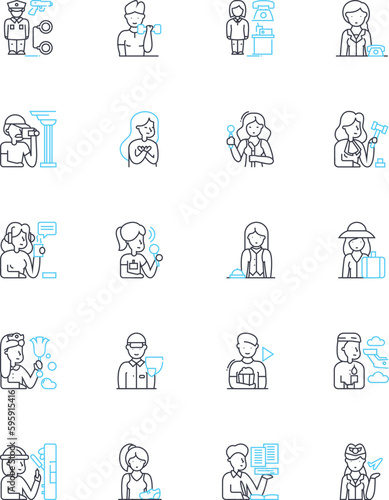 Efficient work linear icons set. Productive  Organized  Streamlined  Effective  Systematic  Efficient  Optimized line vector and concept signs. Methodical Rationalized Expedited outline illustrations
