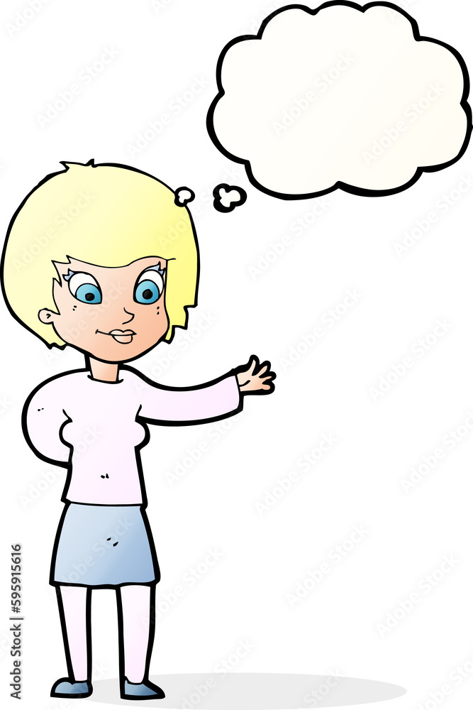 cartoon welcoming woman with thought bubble cartoon welcoming woman with thought bubble