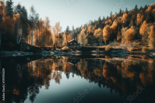 A reflection of a fall landscape featuring a lake in Sweden. Generative AI © Renata