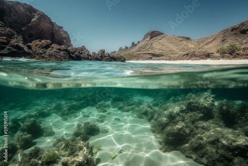 Crystal clear seawater in Bay of Fajan D'agua, Brava Island, Cabo Verde. Generative AI