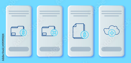 Set line Delete folder, Finance document, and Add cloud icon. Vector