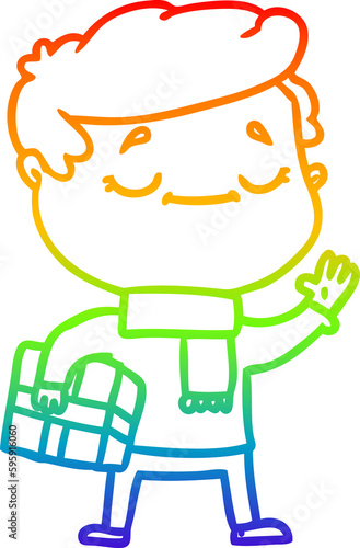 rainbow gradient line drawing of a cartoon man carrying christmas present waving