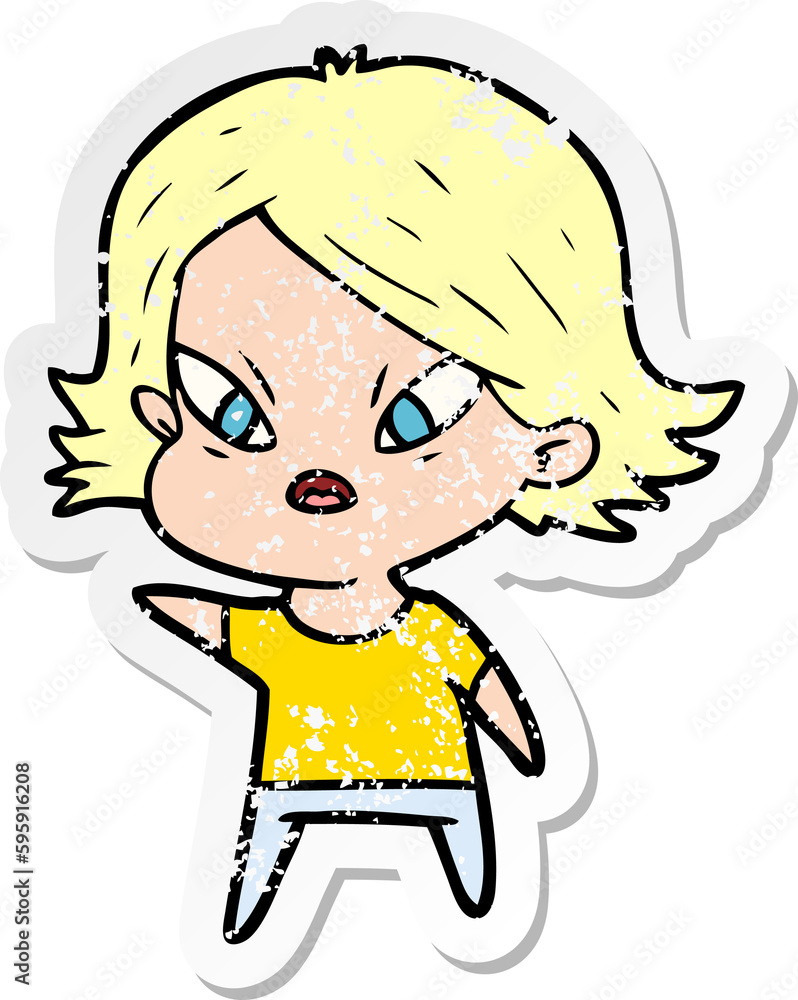 distressed sticker of a cartoon stressed woman distressed sticker of a cartoon stressed woman
